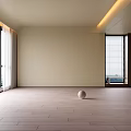 Spacious Room Interior With Wooden Floor Large Windows Mountain View And White Sphere