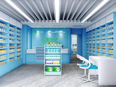 Modern Pharmacy Interior With Blue Shelves Medicine Counter And Seating 3d model