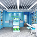 Modern Pharmacy Interior With Blue Shelves Medicine Counter And Seating
