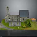 Ancient Stone Building Model With Church Tower Blue And Small Orange Roofs Green Grass Trees
