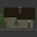 Modern Gabled House With Chimney Wooden Balcony Steps Trees and Grass