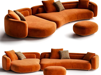 Irregular Shaped Sofa Modern Design Orange Velvet Upholstered With Decorative Pillows And Ottoman 3d model