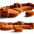 Irregular Shaped Sofa Modern Design Orange Velvet Upholstered With Decorative Pillows And Ottoman