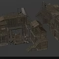 Cartoon Scene of Old Fishing Village Featuring Connected Wooden Buildings Stairs Platforms and Ropes