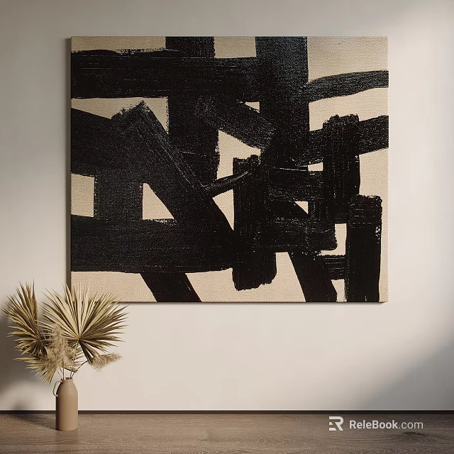 Black And White Abstract Painting Hanging On Wall With Palm Leaf Vase 3d model 