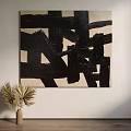 Black And White Abstract Painting Hanging On Wall With Palm Leaf Vase