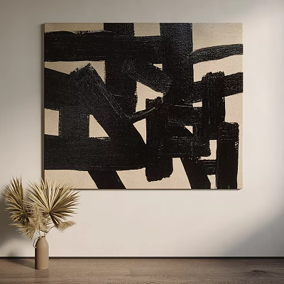 Black And White Abstract Painting Hanging On Wall With Palm Leaf Vase 3d model