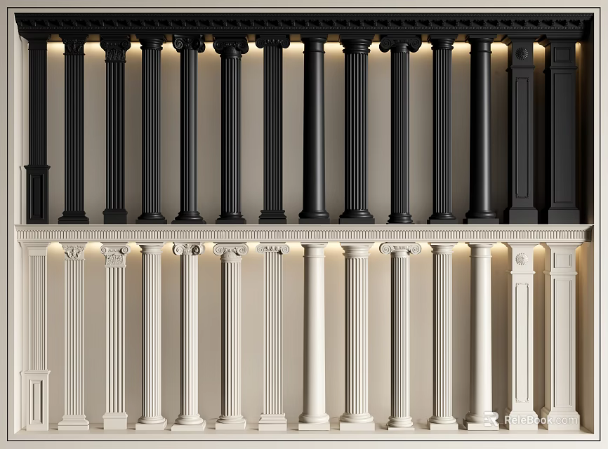 Black and White Decorative Columns in Two Rows With Classical Design and Lighting 3d model 
