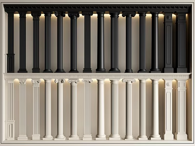 Black and White Decorative Columns in Two Rows With Classical Design and Lighting 3d model