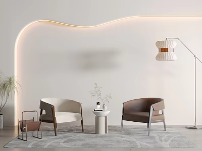 Modern Single Sofa Interior With Curved Wall Light Floor Lamp Side Table Rug And Plant 3d model