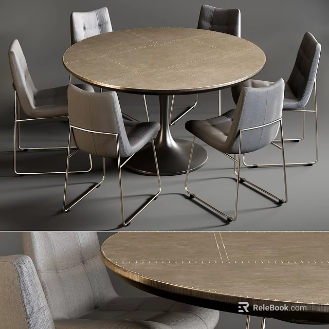Modern Minimalist Round Dining Table Set with Gray Upholstered Chairs and Metal Legs 3d model 