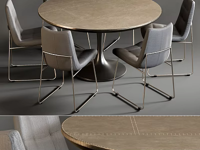 Modern Minimalist Round Dining Table Set with Gray Upholstered Chairs and Metal Legs 3d model