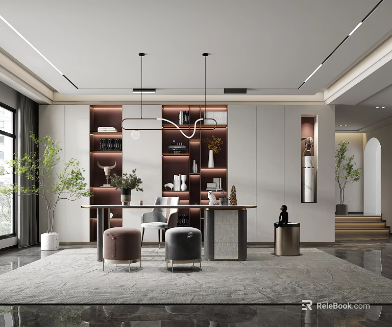 Modern Study Room Interior With Built in Bookshelves Wooden Desk Hanging Lights And Decorative Plants 3d model 