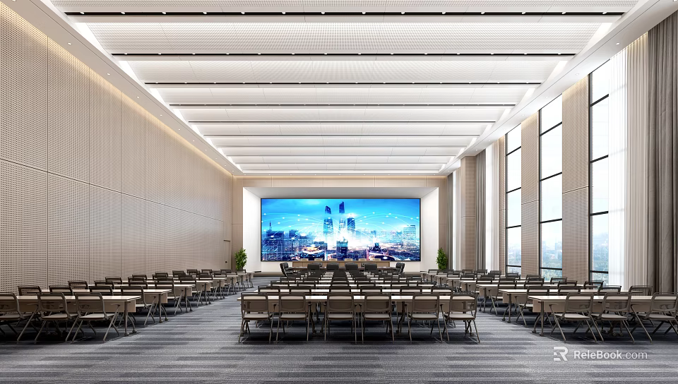 Modern Spacious Conference Room With Large Screen Cityscape Arranged Tables And Large Windows 3d model 