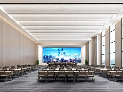 Modern Spacious Conference Room With Large Screen Cityscape Arranged Tables And Large Windows 3d model
