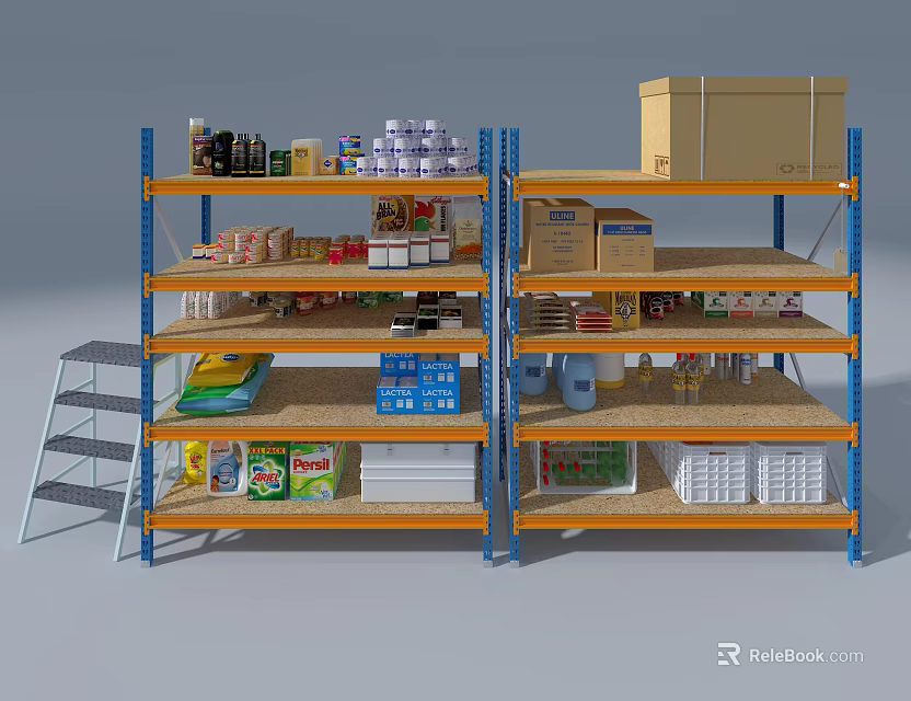 Sturdy Display Shelves With Bottled Drinks Cardboard Boxes Food Items Cleaning Supplies And Ladder 3d model 