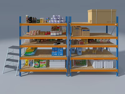 Sturdy Display Shelves With Bottled Drinks Cardboard Boxes Food Items Cleaning Supplies And Ladder 3d model