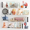 Diverse Decorative Ornament Combination With Model Toys Sports Items Cartoon Figures And Books On Shelves