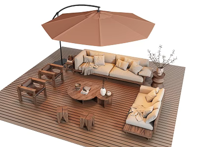 Outdoor Sofa On Wooden Deck With Umbrella Coffee Table Cushions And Chairs 3d model