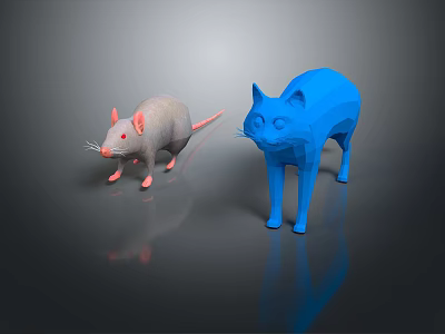 Gray Rat and Blue Cat 3D Models on Dark Background with Reflection 3d model