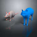 Gray Rat and Blue Cat 3D Models on Dark Background with Reflection