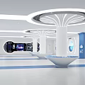 Modern Exhibition Hall Interior With White Blue Decor Round Display Podiums Pillars And Wall Screens