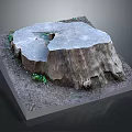Rustic Wooden Tree Stump Decor With Square Stone Base And Small Plants 3d model