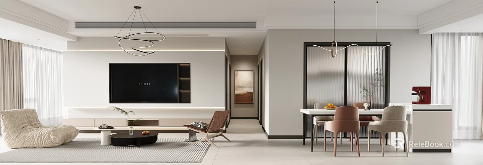 Modern Living Dining Room Interior With Sofa TV Unit And Dining Table Chairs 3d model