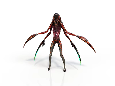 Futuristic Alien Creature Character With Multiple Arms Sharp Claws Red Body And Glowing Green Accents 3d model