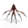 Futuristic Alien Creature Character With Multiple Arms Sharp Claws Red Body And Glowing Green Accents