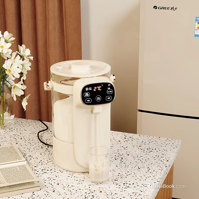 White Electric Water Dispenser With Digital Display On Kitchen Counter And Glass Cup 3d model 
