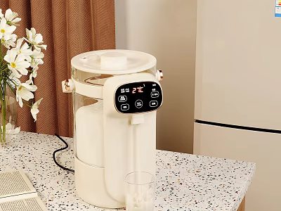White Electric Water Dispenser With Digital Display On Kitchen Counter And Glass Cup 3d model