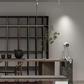 Modern Tea Table and Chairs Interior With Dark Wooden Bookshelf Teapot and Cups Setup