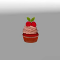 Red Paper Cupcake With Pink Swirled Frosting And Fresh Raspberries Topped With Green Leaf