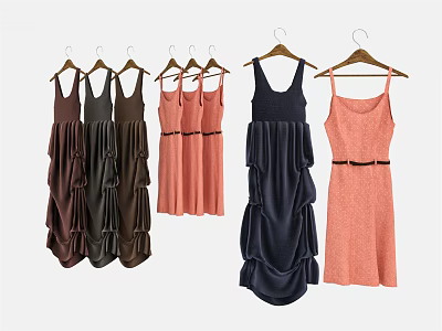 Stylish Women's Sleeveless Dresses In Brown Pink Navy Orange Hanging On Hangers 3d model