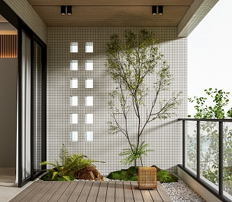 Modern balcony micro-landscape sketch landscape tree moss pebbles 3d model