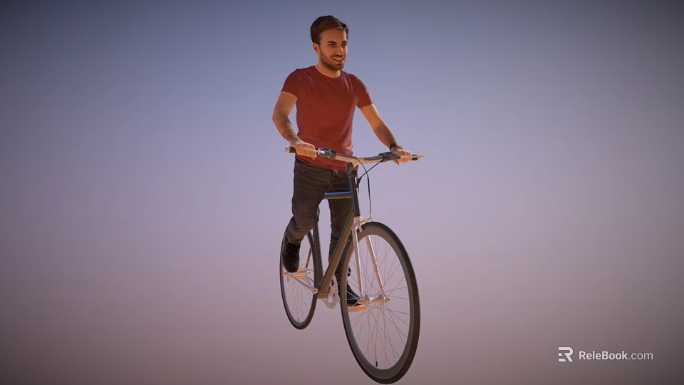 Man Riding Bicycle in Red T shirt and Dark Pants Against Gradient Blue to Orange Sky 3d model 