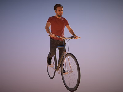 Man Riding Bicycle in Red T shirt and Dark Pants Against Gradient Blue to Orange Sky 3d model