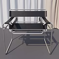Modern Single Accent Chair With Black Leather Seat And Chrome Metal Frame Against Curtain Backdrop