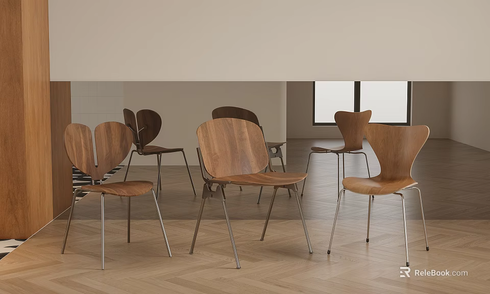Modern Minimalist Accent Chairs With Wooden Seat Backrest And Metal Legs In Open Space Interior 3d model 