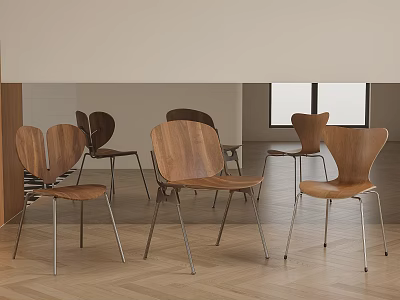 Modern Minimalist Accent Chairs With Wooden Seat Backrest And Metal Legs In Open Space Interior 3d model