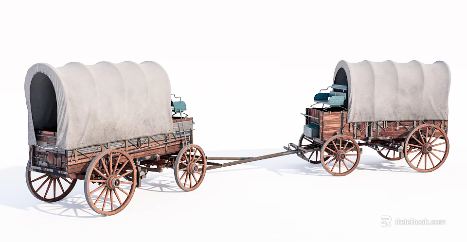 Vintage Covered Wagons With Wooden Wheels Canvas Covers And Green Seats Connected Together 3d model 