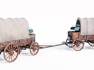 Vintage Covered Wagons With Wooden Wheels Canvas Covers And Green Seats Connected Together 3d model