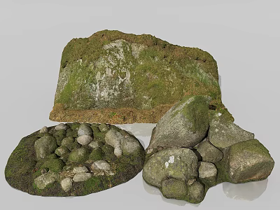 Natural Mossy Stones In Various Shapes With Wooden Accents For Garden Decor 3d model