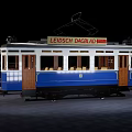 Classic Blue and White Electric Tram with Wooden Doors and Vintage Design