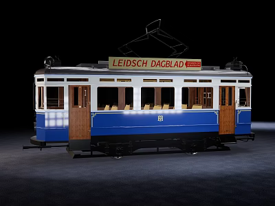 Classic Blue and White Electric Tram with Wooden Doors and Vintage Design 3d model