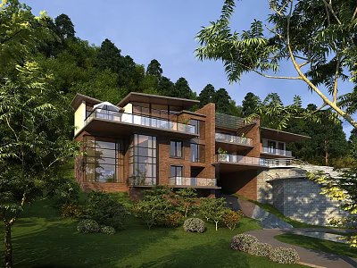 Stunning Modern Detached Villa with Glass Windows and Lush Green Hillside 3d model