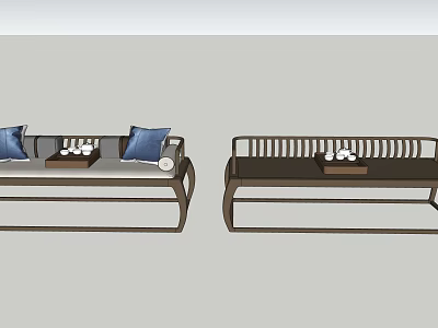 Pair of Traditional Chinese Wooden Daybeds with Blue Cushions and Tea Tables 3d model