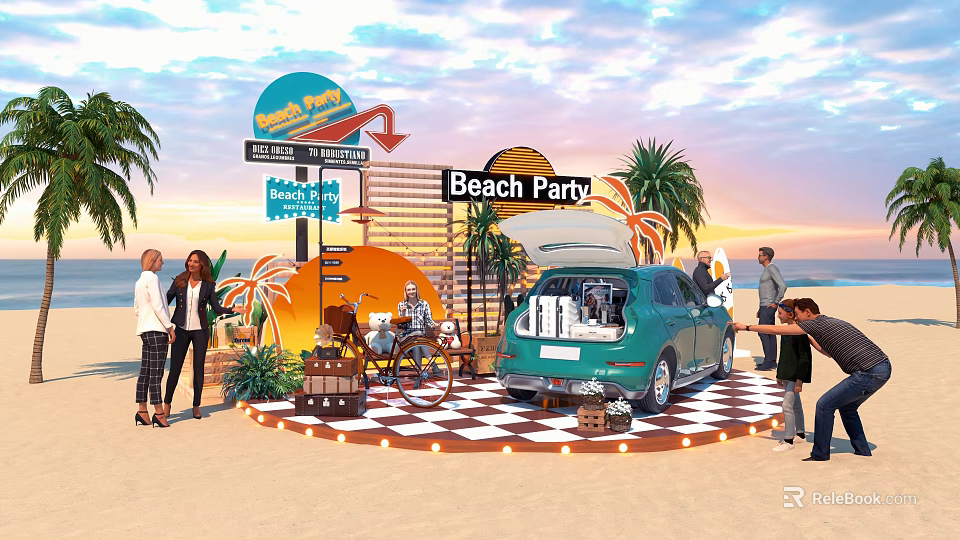 Vibrant Beach Party Scene With Teal Car Open Trunk People Palm Trees And Sunset Sky 3d model 