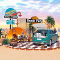 Vibrant Beach Party Scene With Teal Car Open Trunk People Palm Trees And Sunset Sky